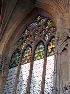 The top of one window in the Lady Chapel, where they've restored pre-reformation pictures (the other windows are all blank like the lower panes).