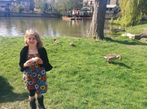 Norah and I walking to meet the guys. We met some goslings on our way